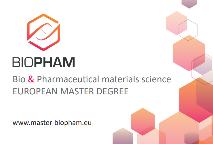 Logo i tekst dla BIOPHAM, europejskich studiów magisterskich w dziedzinie materiałoznawstwa biofarmaceutycznego, z sześciokątnymi wzorami i stroną internetową www.master-biopham.eu.
