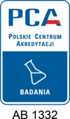Logo Polskiego Centrum Akredytacji (PCA) z symbolem kolby laboratoryjnej oraz napisami „Badania” i „AB 1332” poniżej.