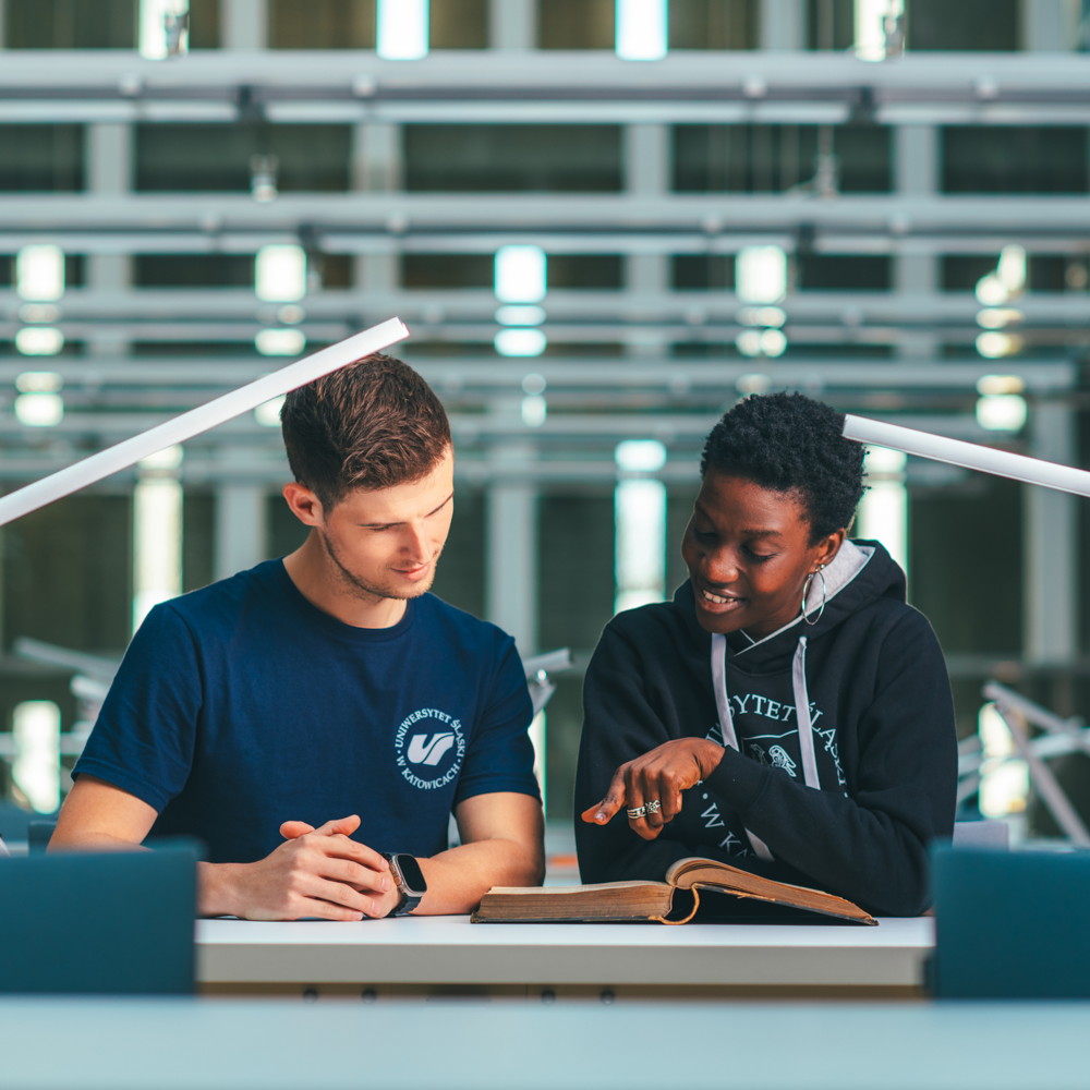 Dwóch studentów siedzi przy biurku w nowoczesnej bibliotece, patrząc razem na otwartą książkę. Jeden wskazuje na książkę, uśmiechając się, a drugi uważnie słucha. W tle widoczne jest jasne oświetlenie i półki.
