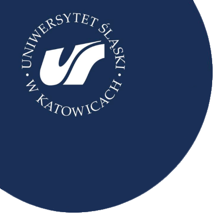 Białe logo ze stylizowanymi literami i polskim tekstem "Uniwersytet Śląski w Katowicach" jest wyśrodkowane na ciemnoniebieskim tle.