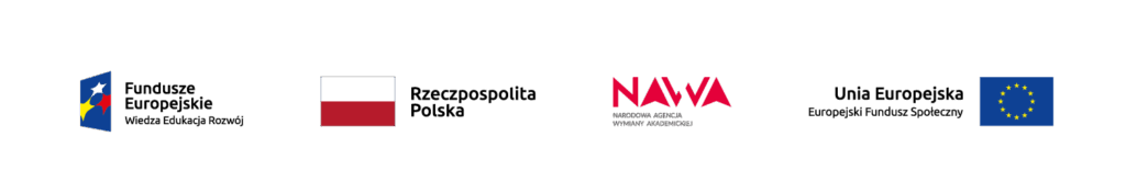 Rząd czterech logotypów: Fundusze Europejskie, Rzeczpospolita Polska, NAWA Narodowa Agencja Wymiany Akademickiej oraz Unia Europejska Europejski Fundusz Społeczny z flagą UE.