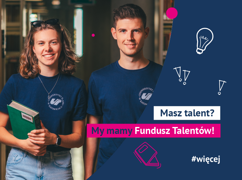 Dwoje młodych ludzi w niebieskich koszulkach stoi w pomieszczeniu i uśmiecha się. Napis w języku polskim brzmi: „Masz talent? My mamy Fundusz Talentów!”, a obok widnieją ikony książki, żarówki i wykrzykników oraz hashtag #więcej.