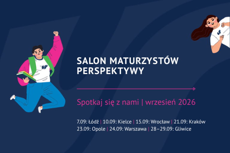 Dwoje ożywionych uczniów, z których jedno skacze z książkami w rękach, obok tekstu dotyczącego wydarzenia „Salon Maturzystów Perspektywy” z datami i miejscami w Polsce we wrześniu 2026 r. na ciemnoniebieskim tle.